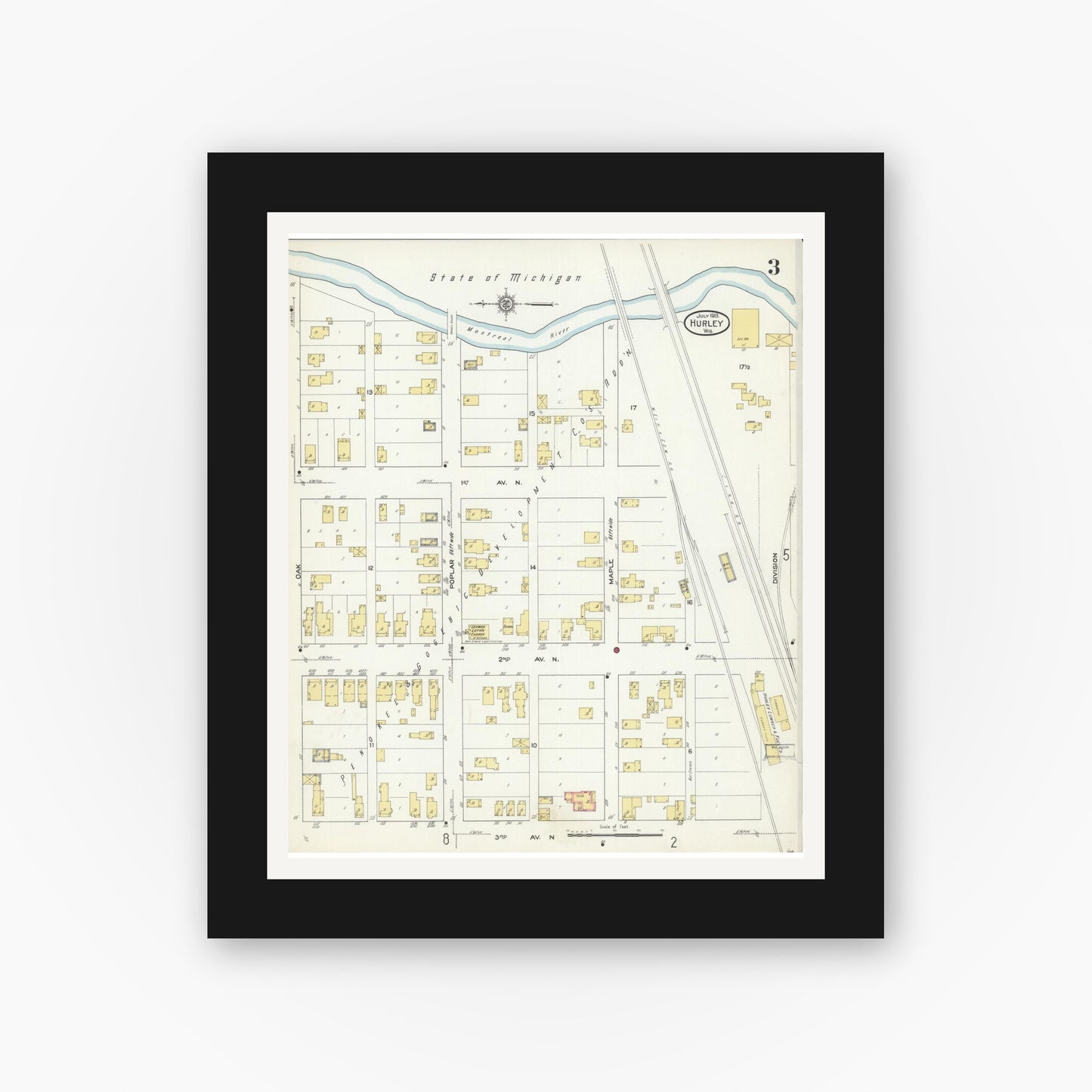 Old map wall art mockup — black gallery frame with white mat — Sanborn Fire Insurance Map from Hurley, Iron County, Wisconsin (1913), Sheet #0003