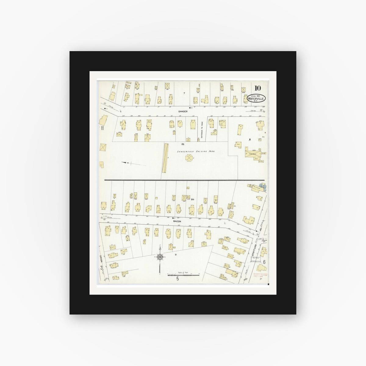 Old map wall art mockup — black gallery frame with white mat — Sanborn Fire Insurance Map from Waterville, Oneida County, New York (1912), Sheet #0010