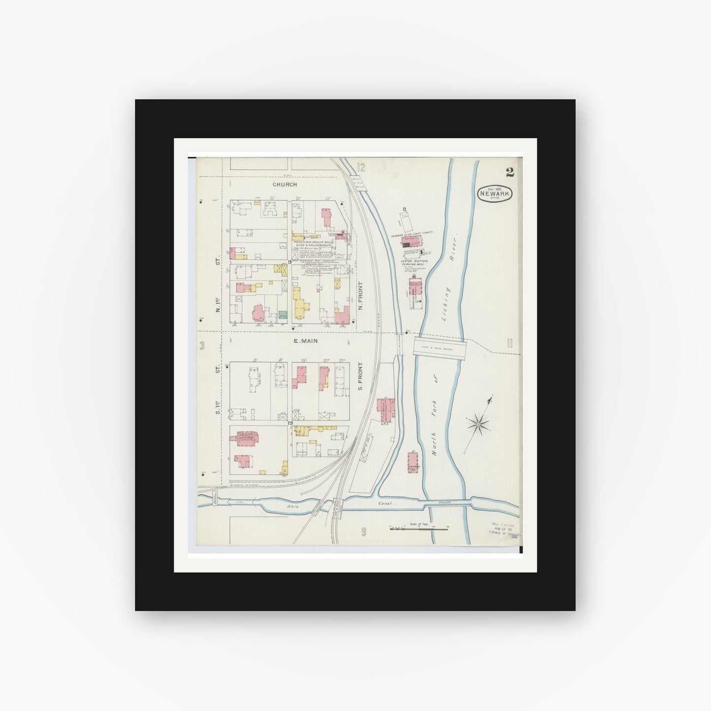 Old map wall art mockup — black gallery frame with white mat — Sanborn Fire Insurance Map from Newark, Licking County, Ohio (1893), Sheet #0002
