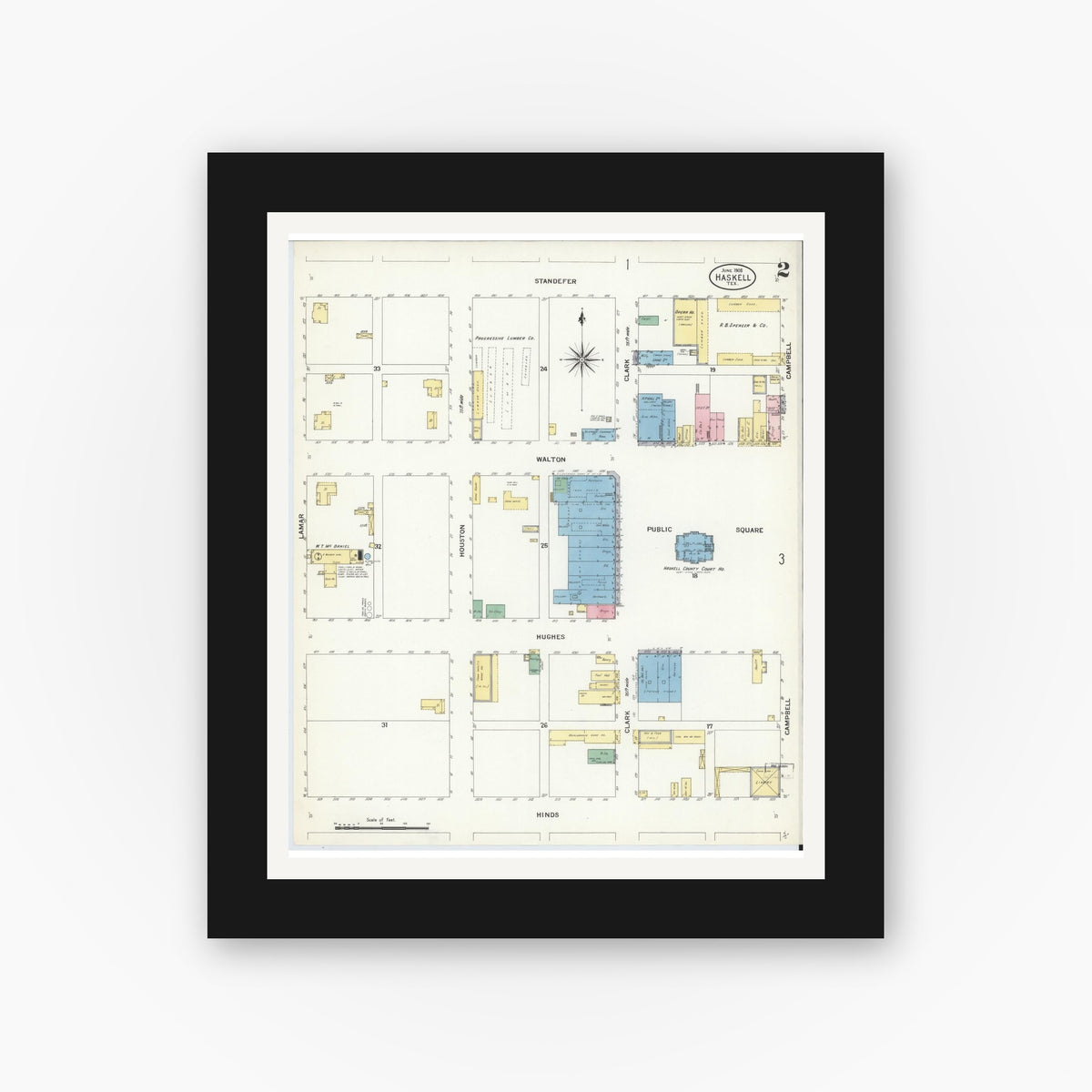 Old map wall art mockup — black gallery frame with white mat — Sanborn Fire Insurance Map from Haskell, Haskell County, Texas (1908), Sheet #0002