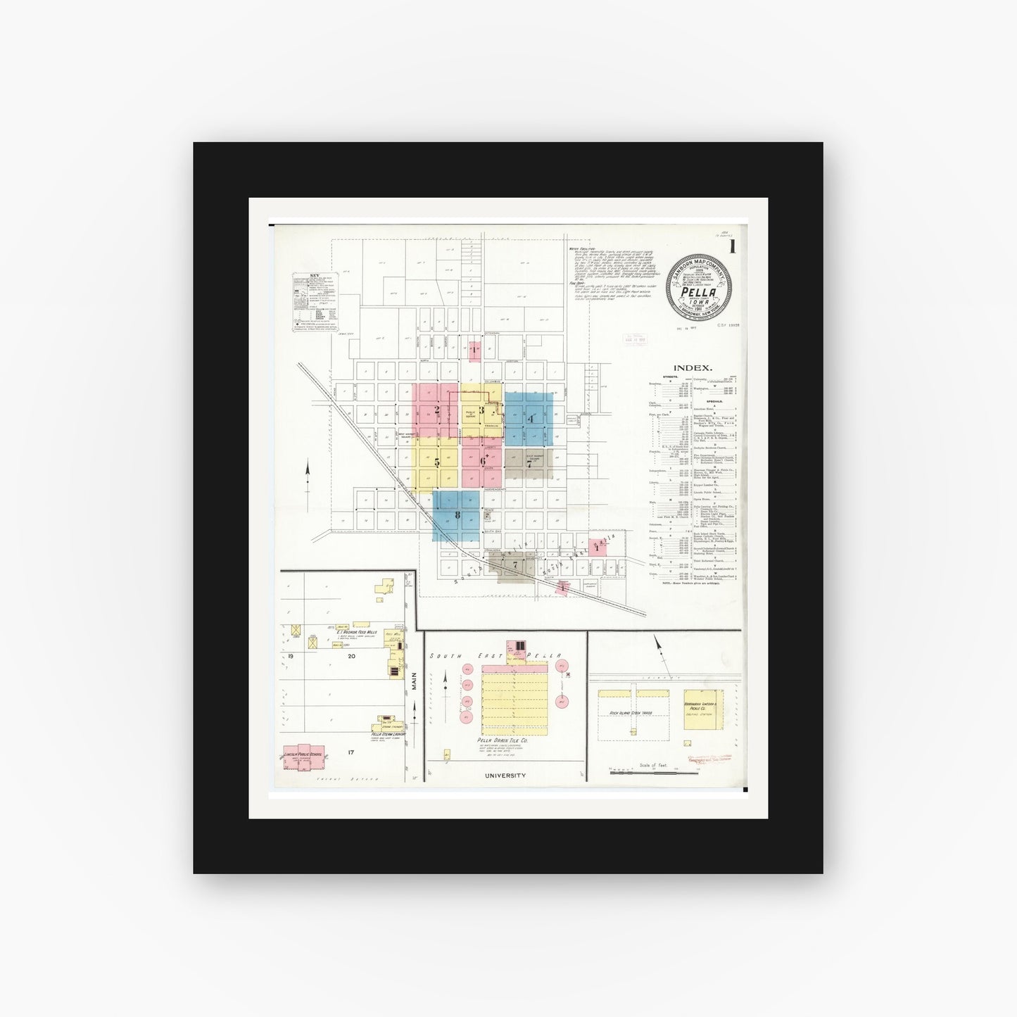 Old map wall art mockup β black gallery frame with white mat β Sanborn Fire Insurance Map from Pella, Marion County, Iowa (1911), Sheet #0001
