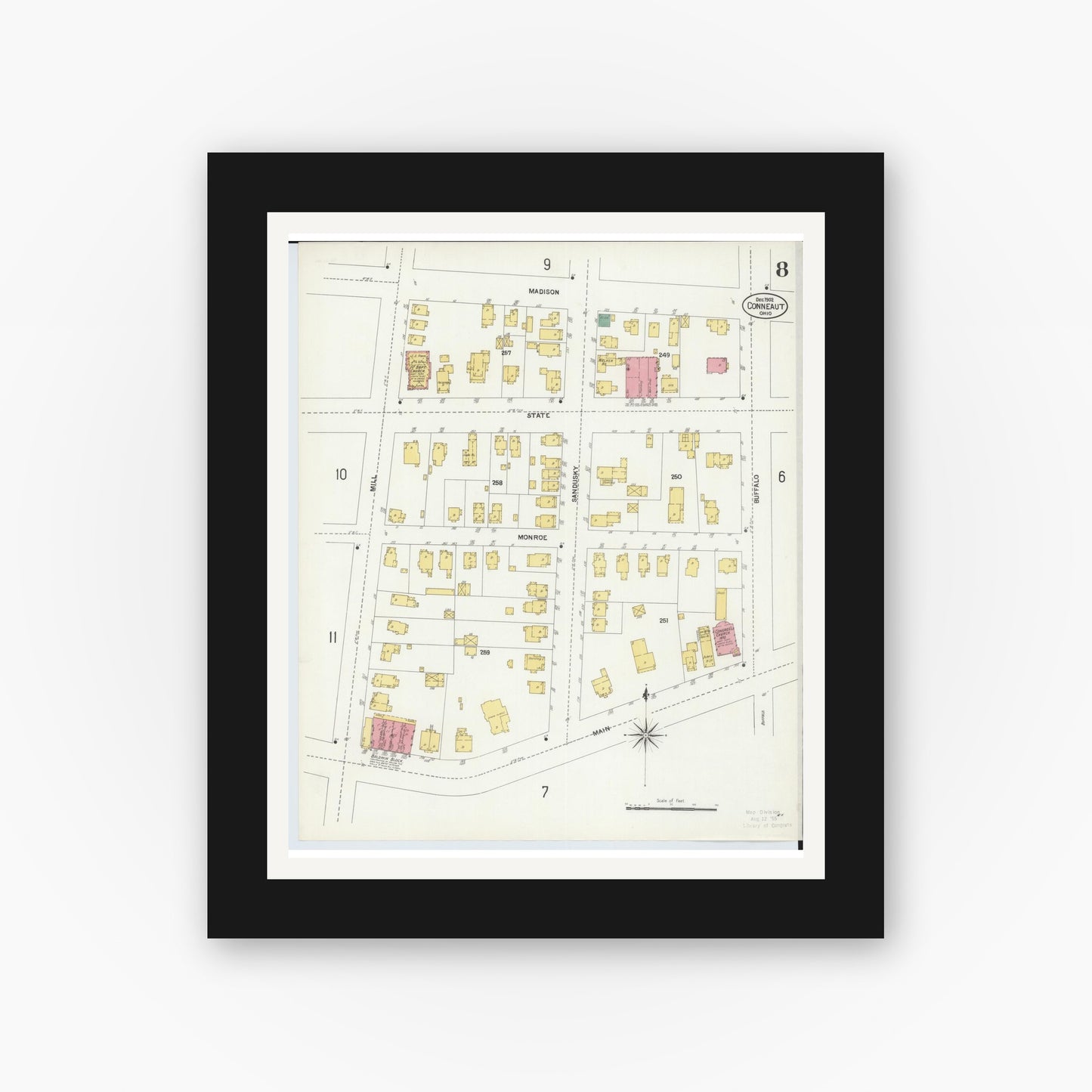 Old map wall art mockup — black gallery frame with white mat — Sanborn Fire Insurance Map from Conneaut, Ashtabula County, Ohio (1902), Sheet #0008