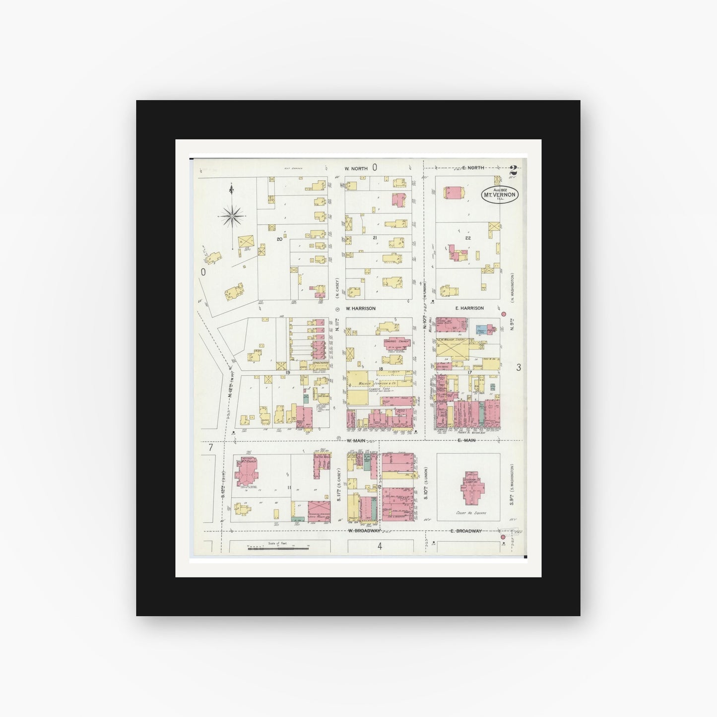 Old map wall art mockup — black gallery frame with white mat — Sanborn Fire Insurance Map from Mount Vernon, Jefferson County, Illinois (1902), Sheet #0002