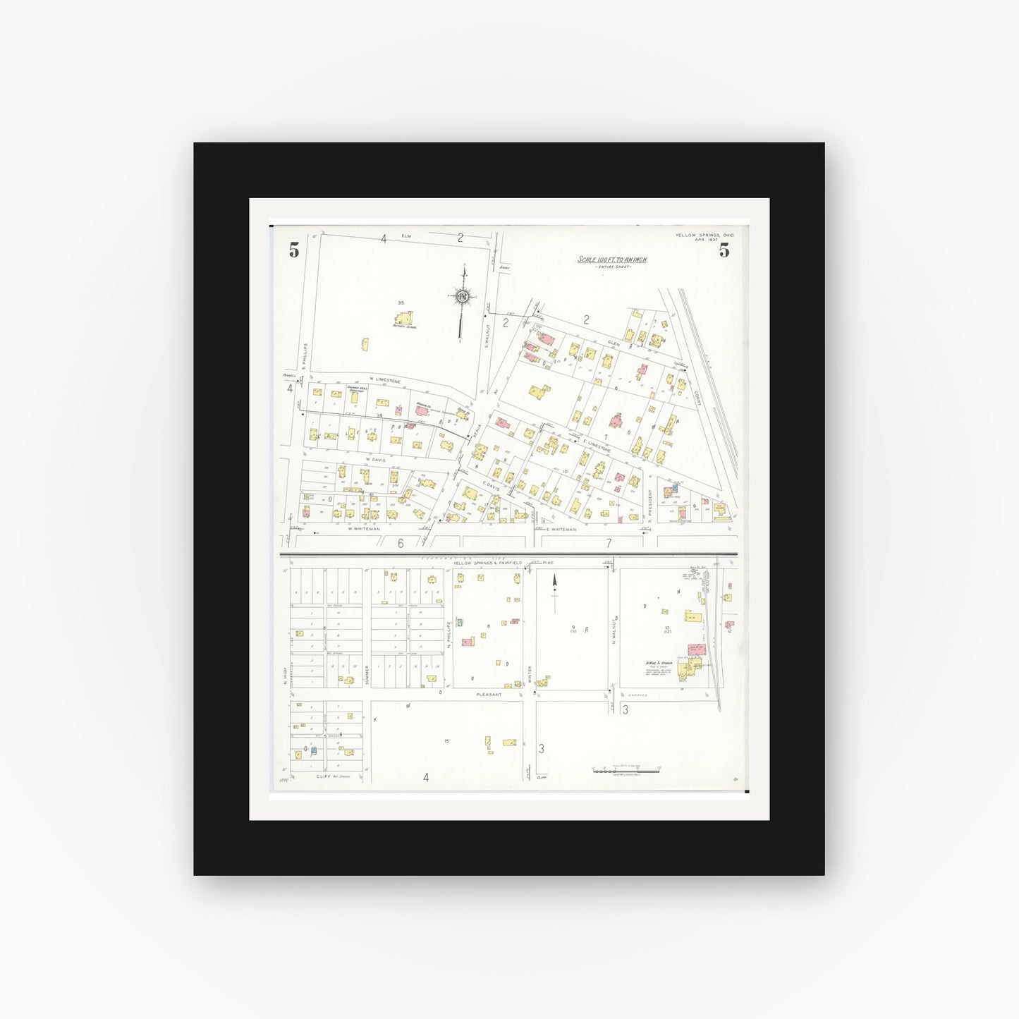 Old map wall art mockup — black gallery frame with white mat — Sanborn Fire Insurance Map from Yellow Springs, Greene County, Ohio (1937), Sheet #0005