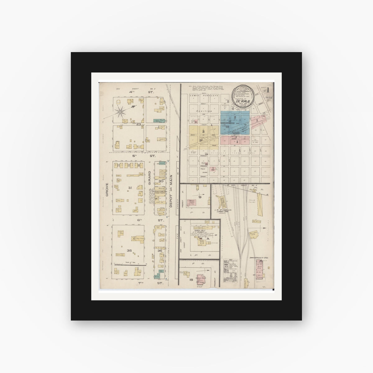 Old map wall art mockup — black gallery frame with white mat — Sanborn Fire Insurance Map from De Kalb, De Kalb County, Illinois (1885) - Complete Map Set