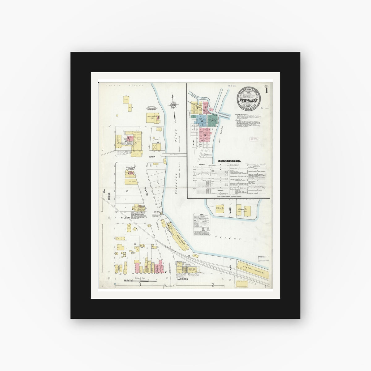 Old map wall art mockup — black gallery frame with white mat — Sanborn Fire Insurance Map from Kewaunee, Kewaunee County, Wisconsin (1911) - Complete Map Set