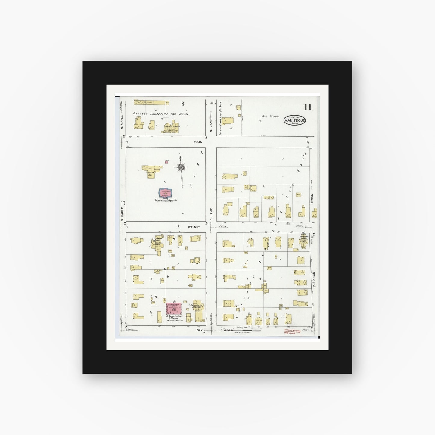 Old map wall art mockup — black gallery frame with white mat — Sanborn Fire Insurance Map from Manistique, Schoolcraft County, Michigan (1920), Sheet #0011