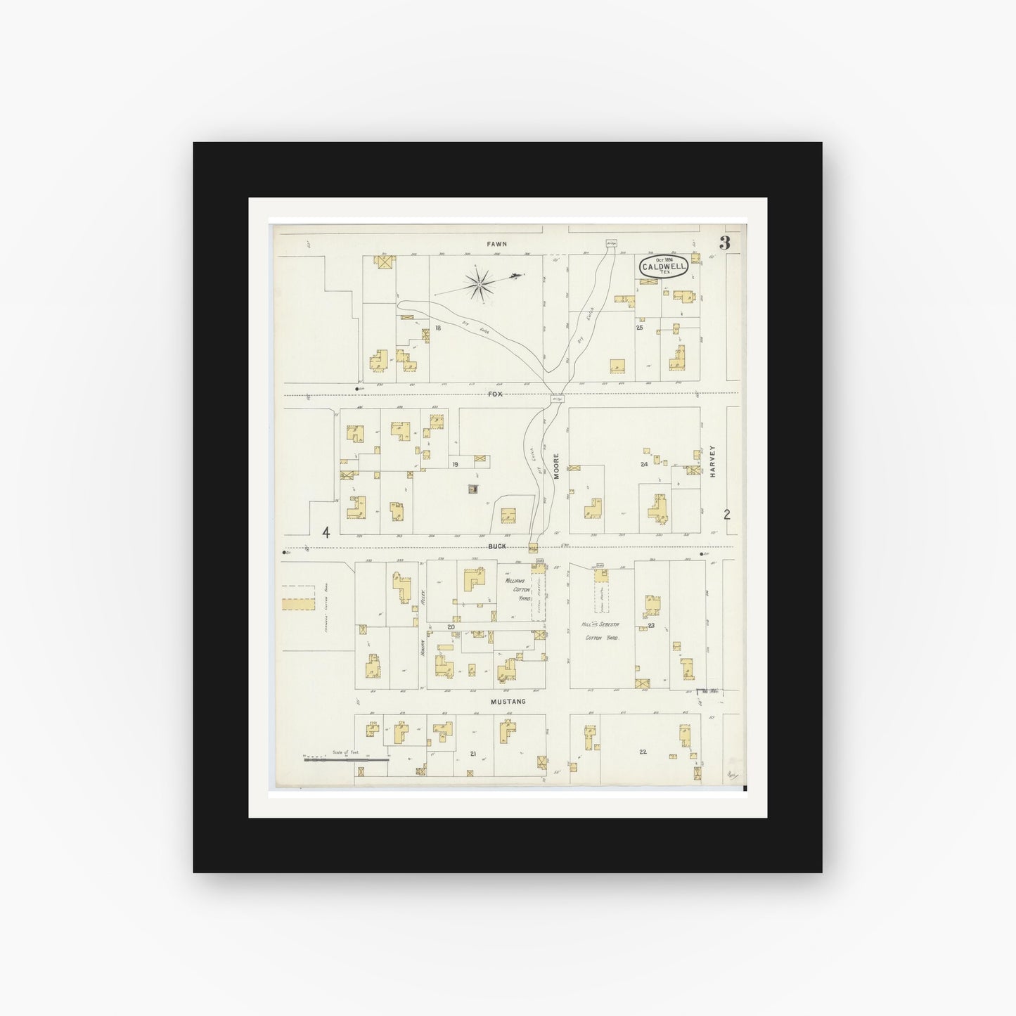 Old map wall art mockup — black gallery frame with white mat — Sanborn Fire Insurance Map from Caldwell, Burleson County, Texas (1896), Sheet #0003
