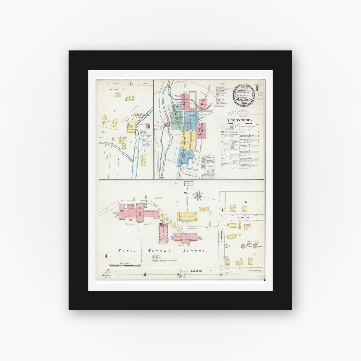 Old map wall art mockup — black gallery frame with white mat — Sanborn Fire Insurance Map from Mansfield, Tioga County, Pennsylvania (1897), Sheet #0001