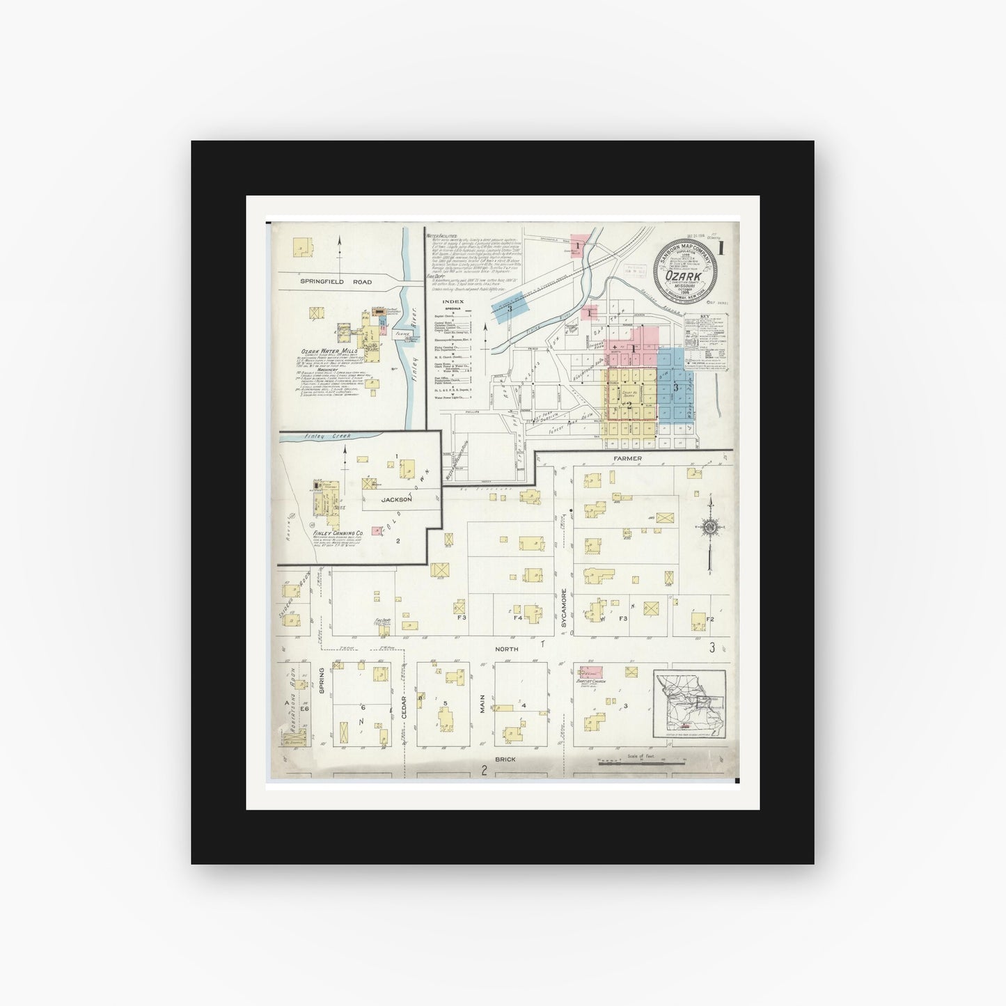 Old map wall art mockup — black gallery frame with white mat — Sanborn Fire Insurance Map from Ozark, Christian County, Missouri (1914) - Complete Map Set