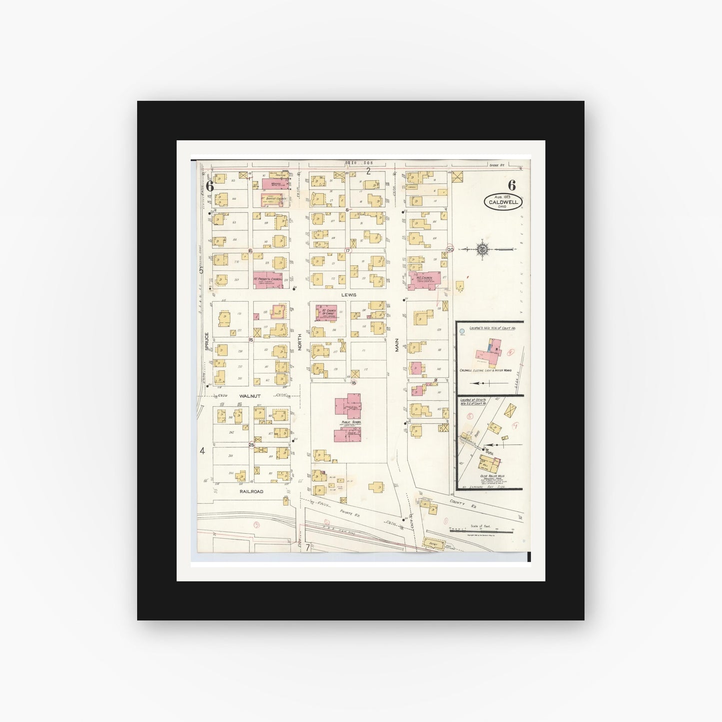 Old map wall art mockup — black gallery frame with white mat — Sanborn Fire Insurance Map from Caldwell, Noble County, Ohio (1932), Sheet #0006