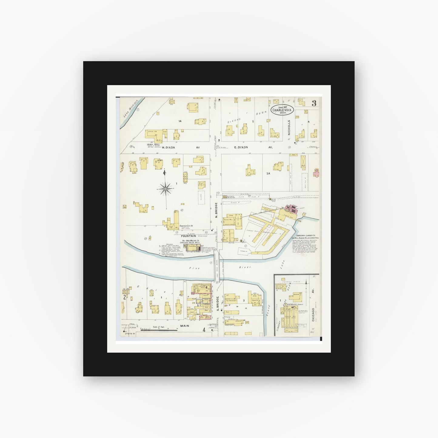 Old map wall art mockup — black gallery frame with white mat — Sanborn Fire Insurance Map from Charlevoix, Charlevoix County, Michigan (1907), Sheet #0003
