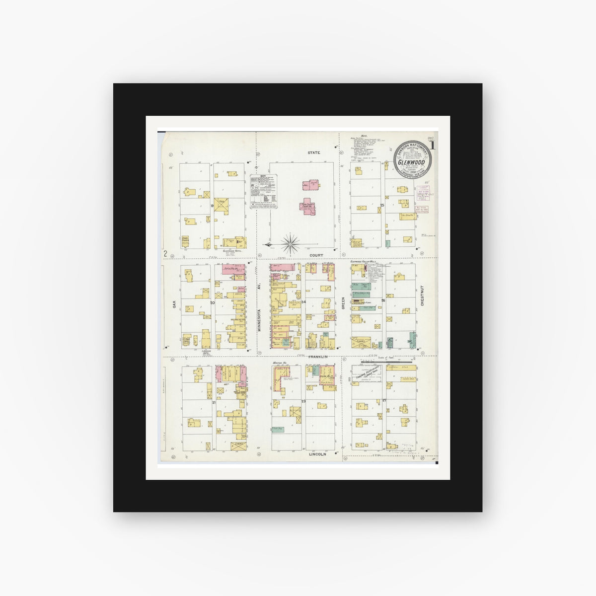 Old map wall art mockup — black gallery frame with white mat — Sanborn Fire Insurance Map from Glenwood, Pope County, Minnesota (1903), Sheet #0001