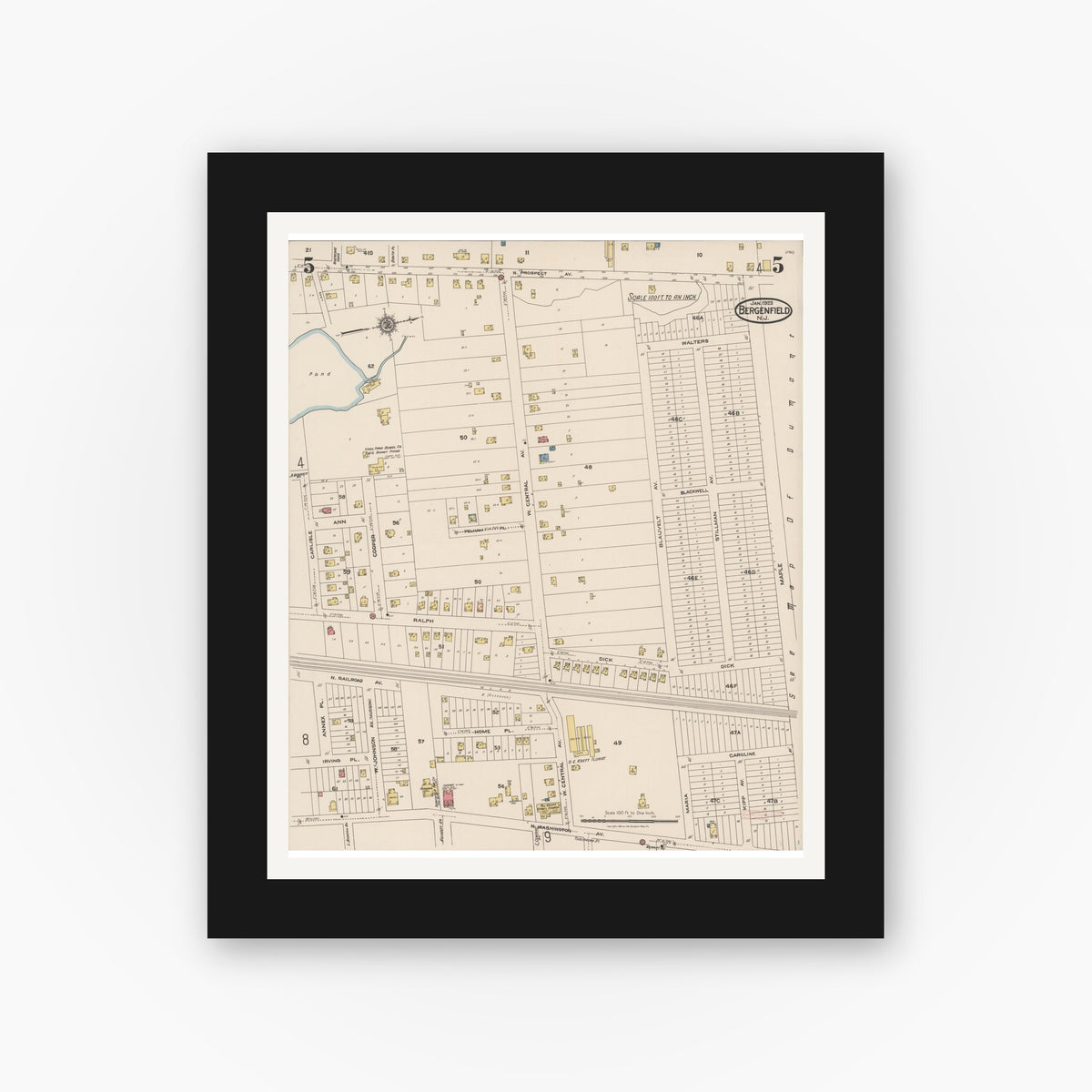 Old map wall art mockup — black gallery frame with white mat — Sanborn Fire Insurance Map from Bergenfield, Bergen County, New Jersey (1923), Sheet #0005