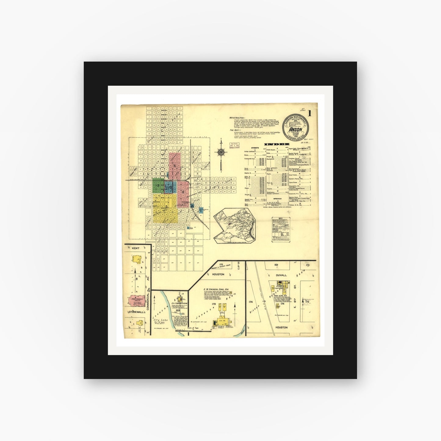 Old map wall art mockup — black gallery frame with white mat — Sanborn Fire Insurance Map from Anson, Jones County, Texas (1914), Sheet #0001