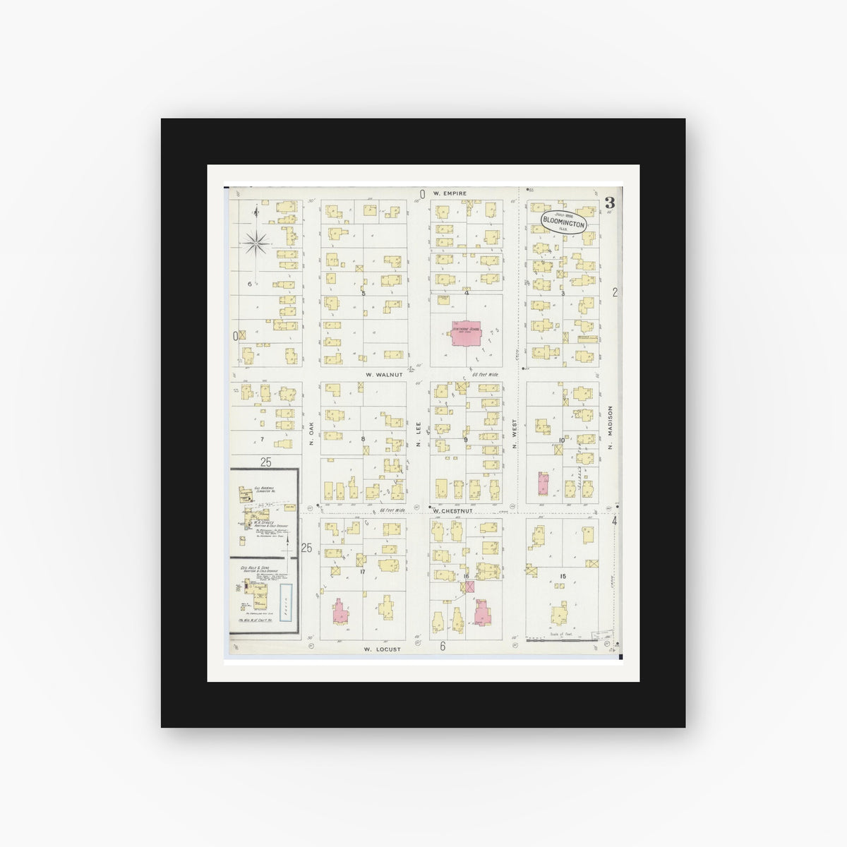 Old map wall art mockup — black gallery frame with white mat — Sanborn Fire Insurance Map from Bloomington, McLean County, Illinois (1896), Sheet #0003
