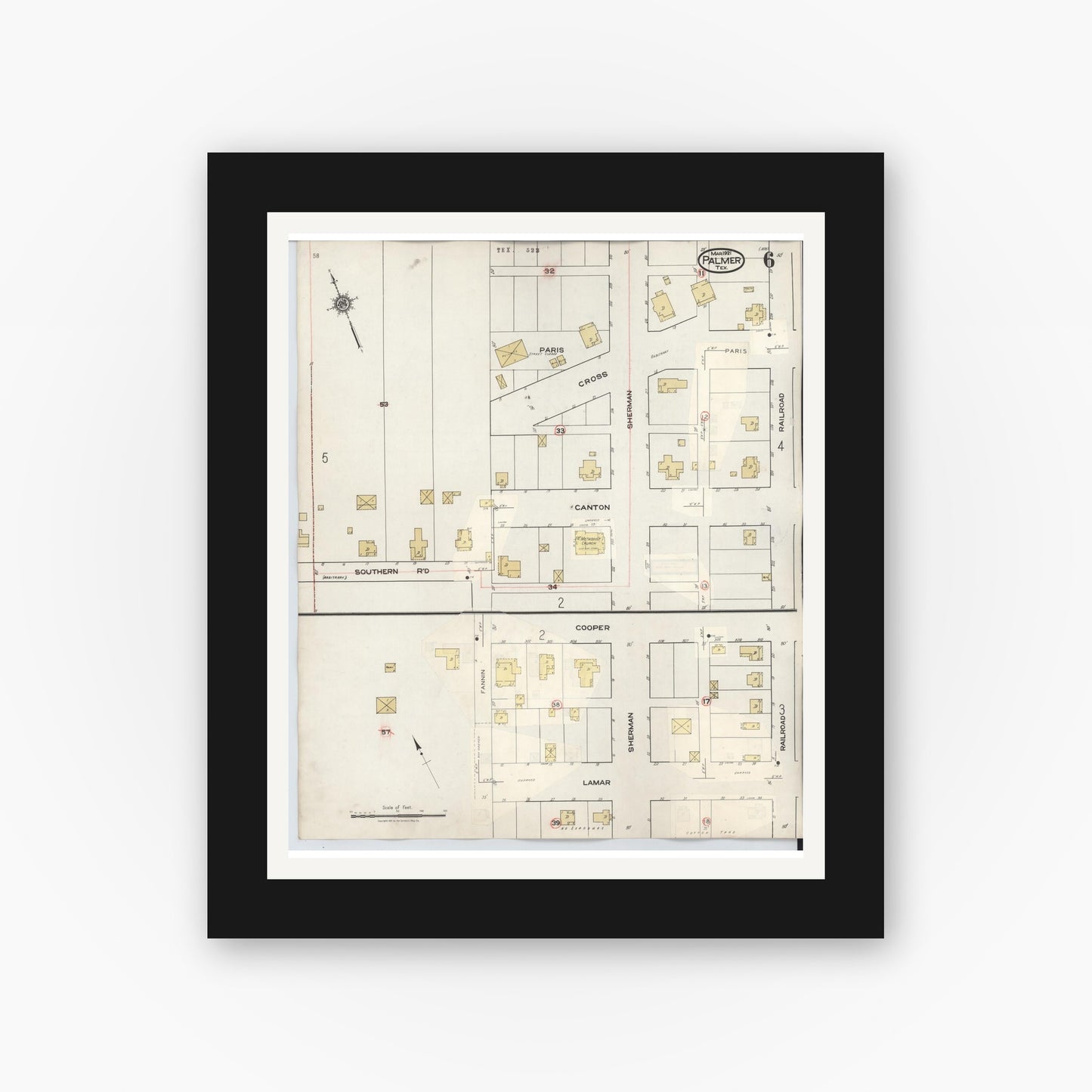 Old map wall art mockup — black gallery frame with white mat — Sanborn Fire Insurance Map from Palmer, Ellis County, Texas (1936), Sheet #0006