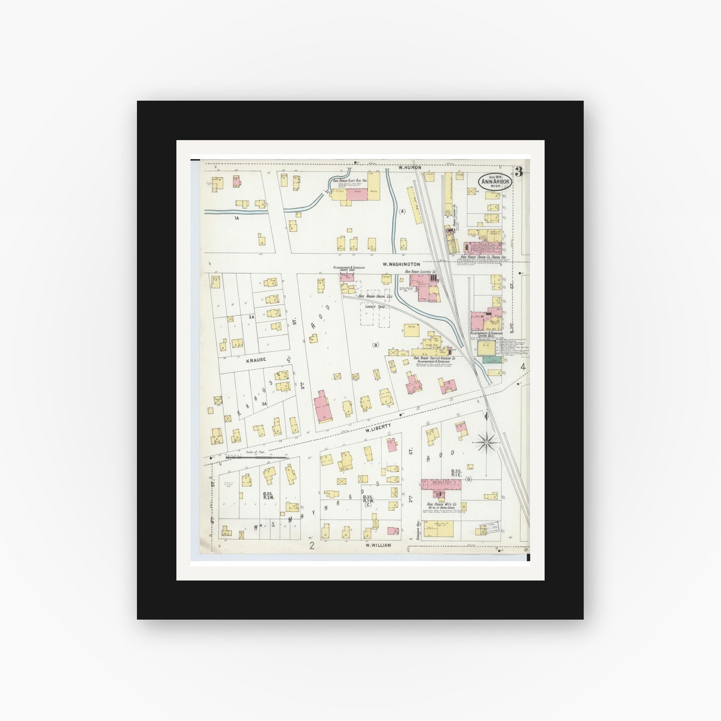 Old map wall art mockup — black gallery frame with white mat — Sanborn Fire Insurance Map from Ann Arbor, Washtenaw County, Michigan (1899), Sheet #0003