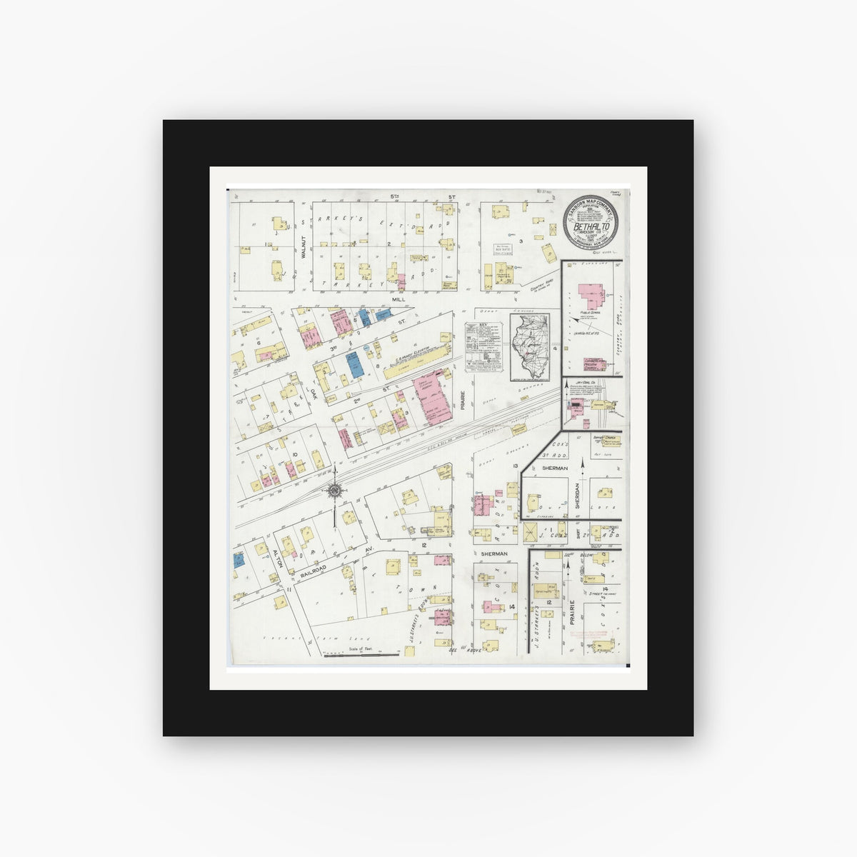 Old map wall art mockup — black gallery frame with white mat — Sanborn Fire Insurance Map from Bethalto, Madison County, Illinois (1921), Sheet #0001