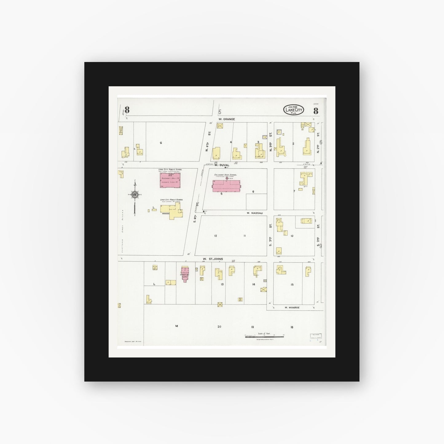 Old map wall art mockup — black gallery frame with white mat — Sanborn Fire Insurance Map from Lake City, Columbia County, Florida (1924), Sheet #0008