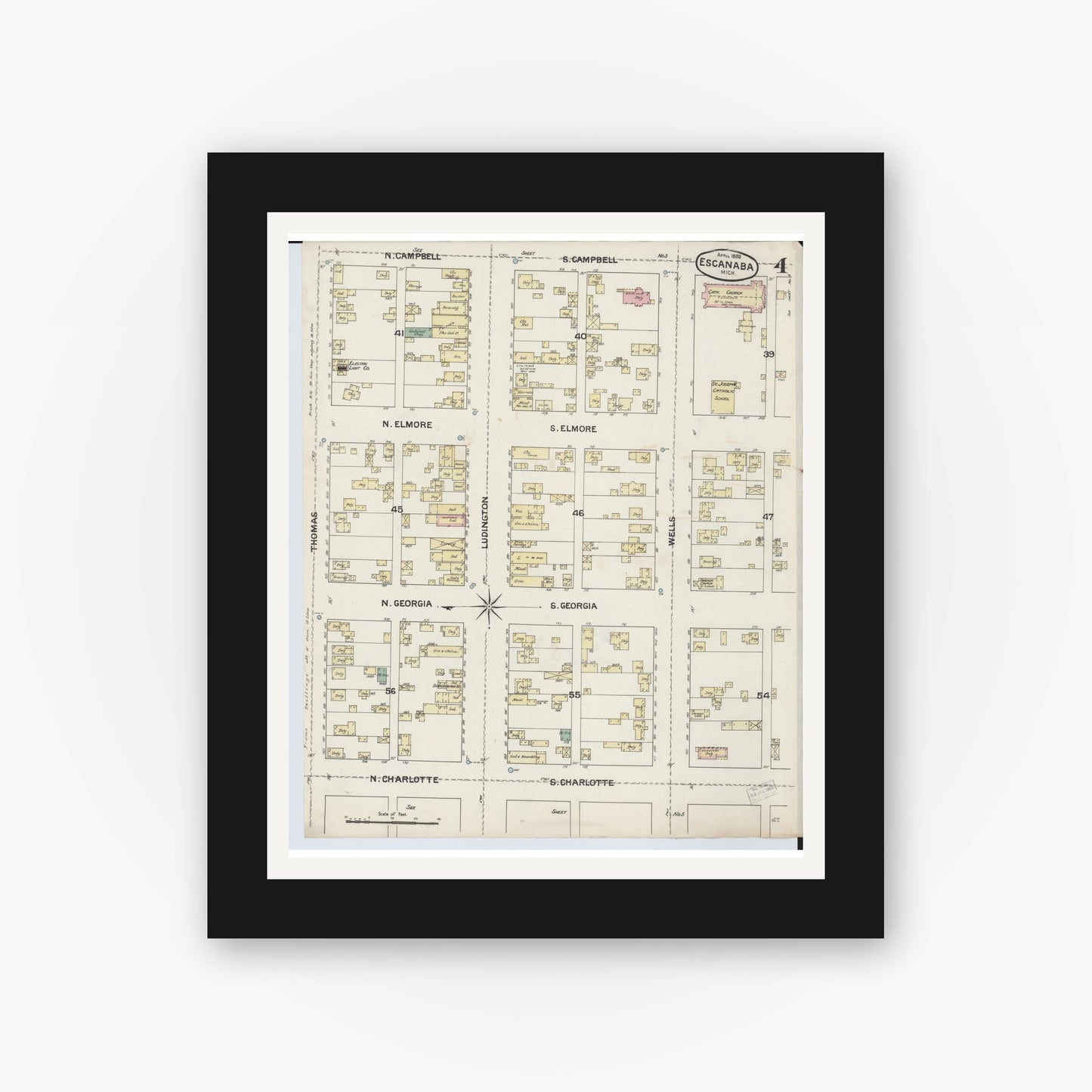 Old map wall art mockup — black gallery frame with white mat — Sanborn Fire Insurance Map from Escanaba, Delta County, Michigan (1888), Sheet #0004