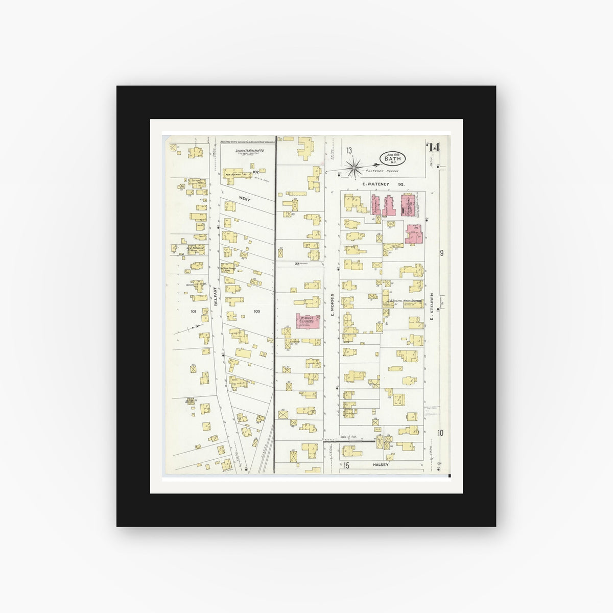 Old map wall art mockup — black gallery frame with white mat — Sanborn Fire Insurance Map from Bath, Steuben County, New York (1909), Sheet #0014