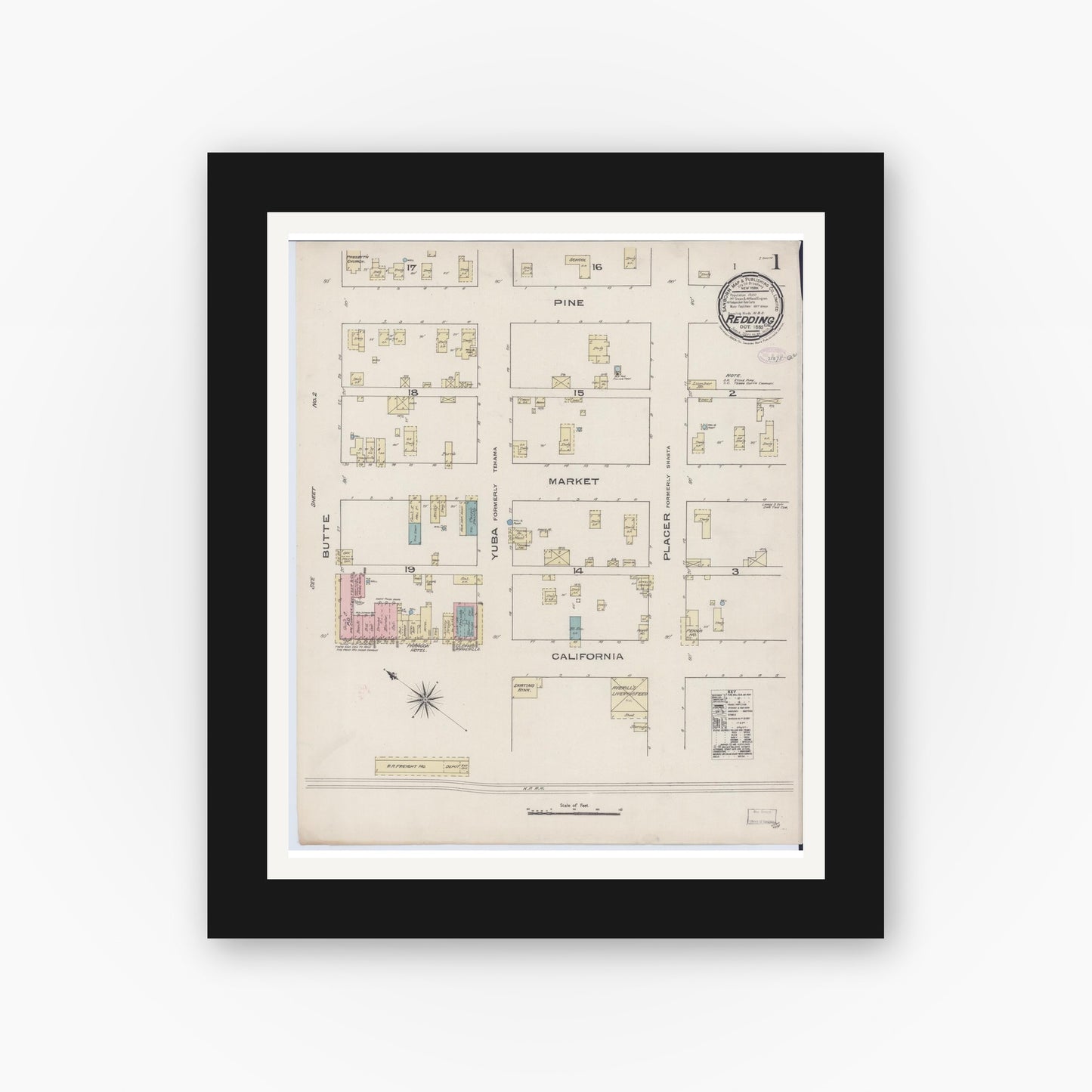 Old map wall art mockup — black gallery frame with white mat — Sanborn Fire Insurance Map from Redding, Shasta County, California (1885) - Complete Map Set