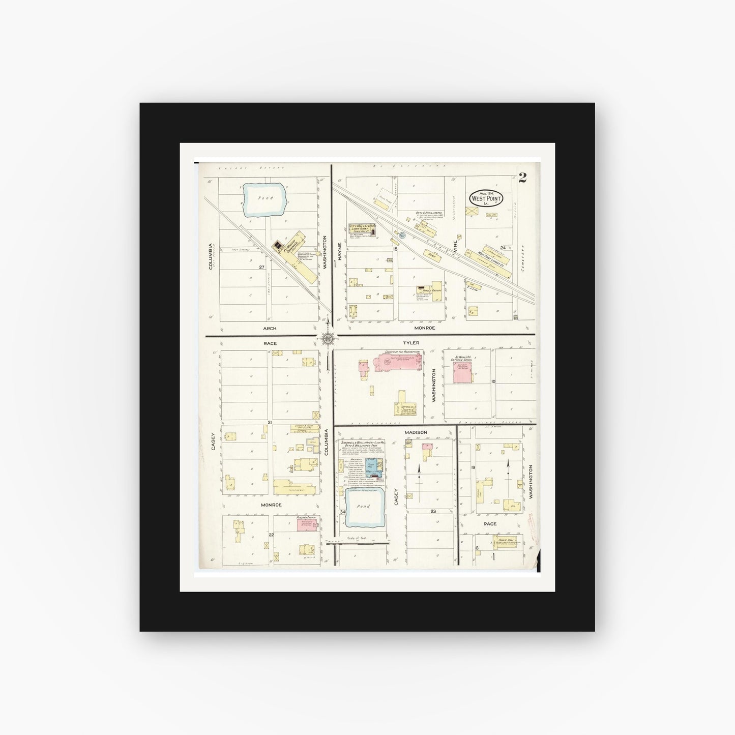 Old map wall art mockup — black gallery frame with white mat — Sanborn Fire Insurance Map from West Point, Lee County, Iowa (1914), Sheet #0002