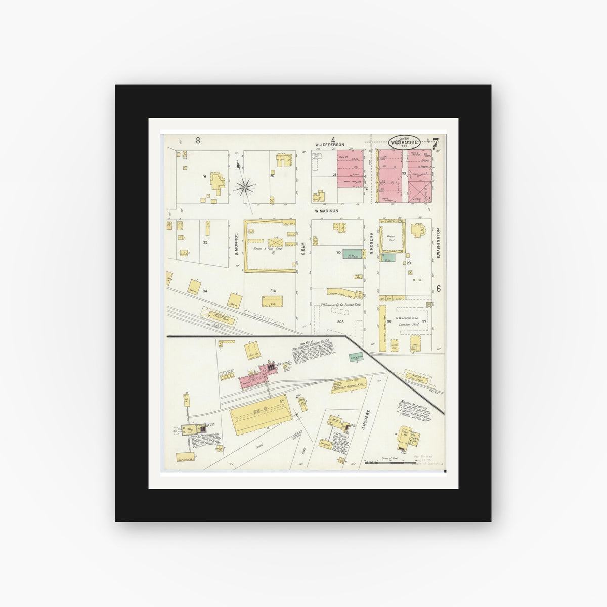 Old map wall art mockup — black gallery frame with white mat — Sanborn Fire Insurance Map from Waxahachie, Ellis County, Texas (1898), Sheet #0007