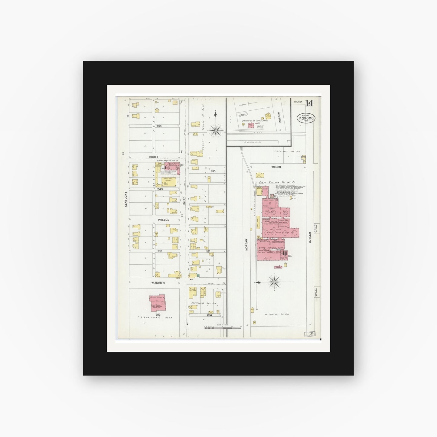 Old map wall art mockup — black gallery frame with white mat — Sanborn Fire Insurance Map from Kokomo, Howard County, Indiana (1902), Sheet #0014