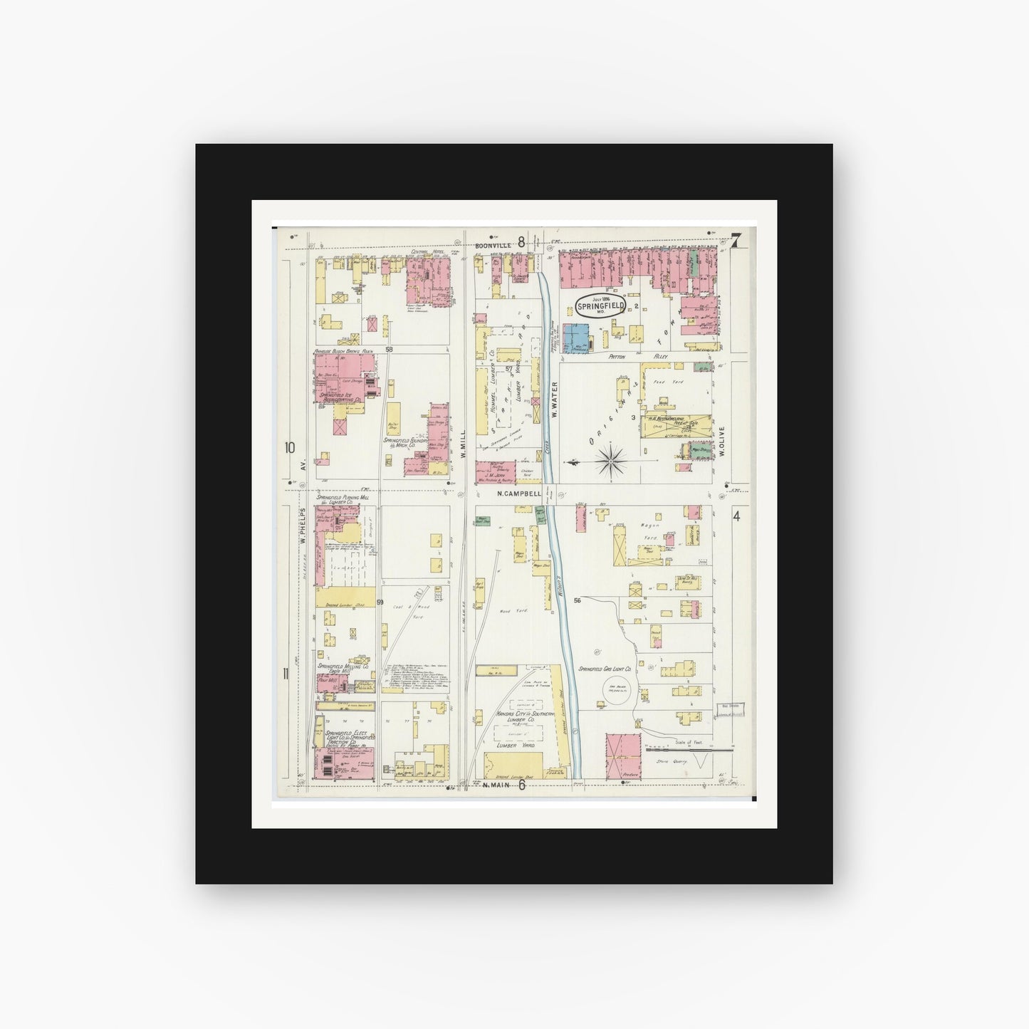Old map wall art mockup — black gallery frame with white mat — Sanborn Fire Insurance Map from Springfield, Greene County, Missouri (1896), Sheet #0007
