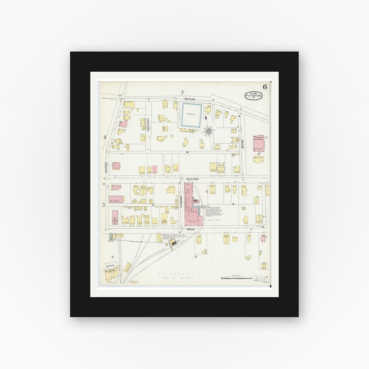 Old map wall art mockup — black gallery frame with white mat — Sanborn Fire Insurance Map from Pittston, Luzerne County, Pennsylvania (1896), Sheet #0006