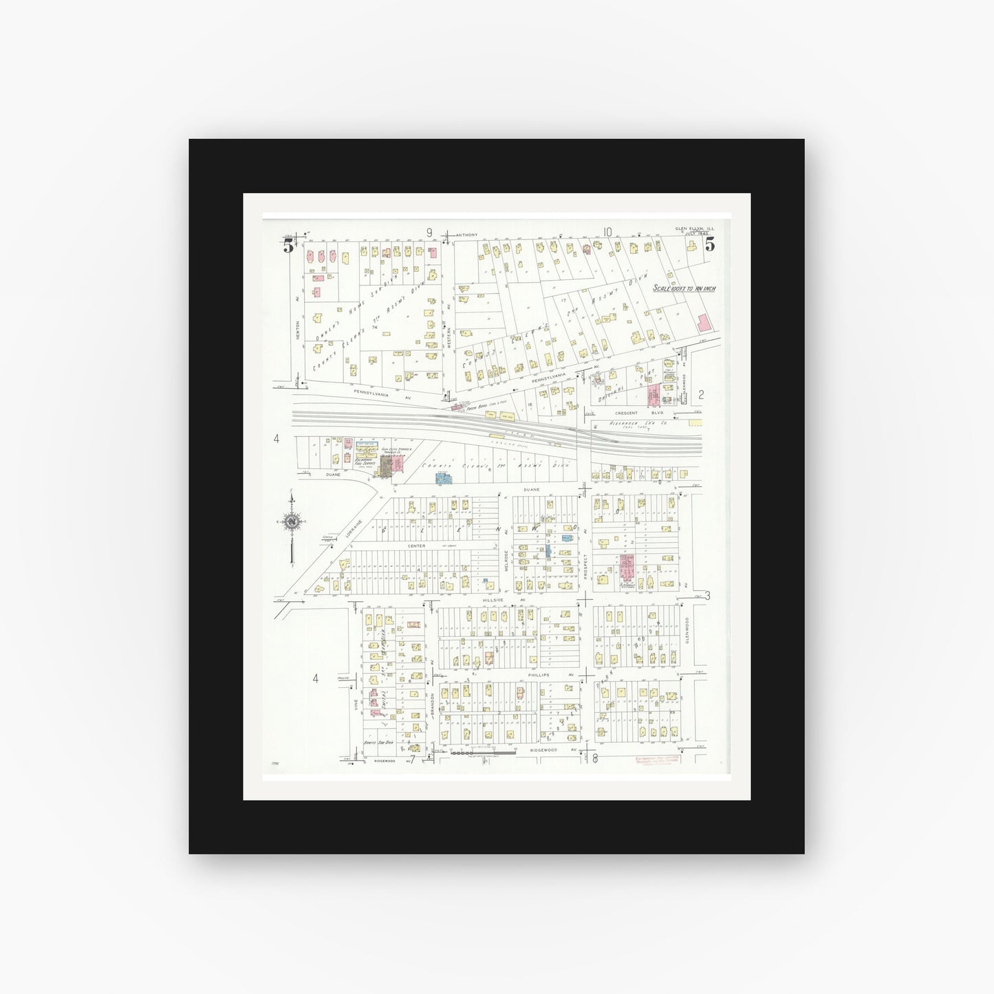 Old map wall art mockup — black gallery frame with white mat — Sanborn Fire Insurance Map from Glen Ellyn, Du Page County, Illinois (1940), Sheet #0005
