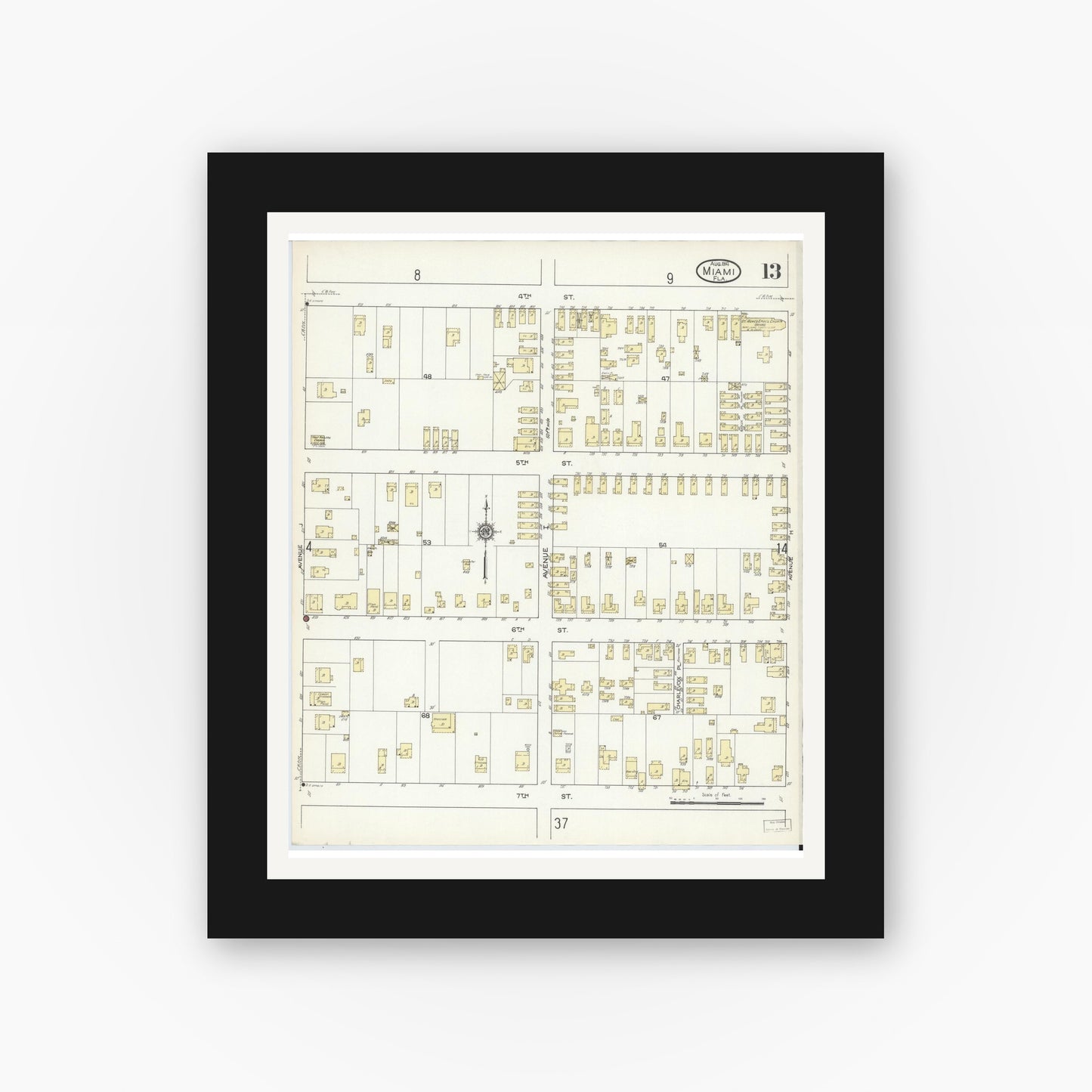 Old map wall art mockup — black gallery frame with white mat — Sanborn Fire Insurance Map from Miami, Dade County, Florida (1914), Sheet #0013