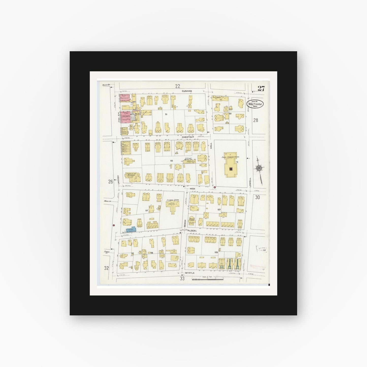 Old map wall art mockup — black gallery frame with white mat — Sanborn Fire Insurance Map from Waltham, Middlesex County, Massachusetts (1911), Sheet #0027