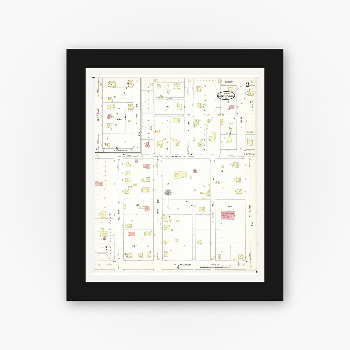 Old map wall art mockup — black gallery frame with white mat — Sanborn Fire Insurance Map from Centerville, Appanoose County, Iowa (1913), Sheet #0002