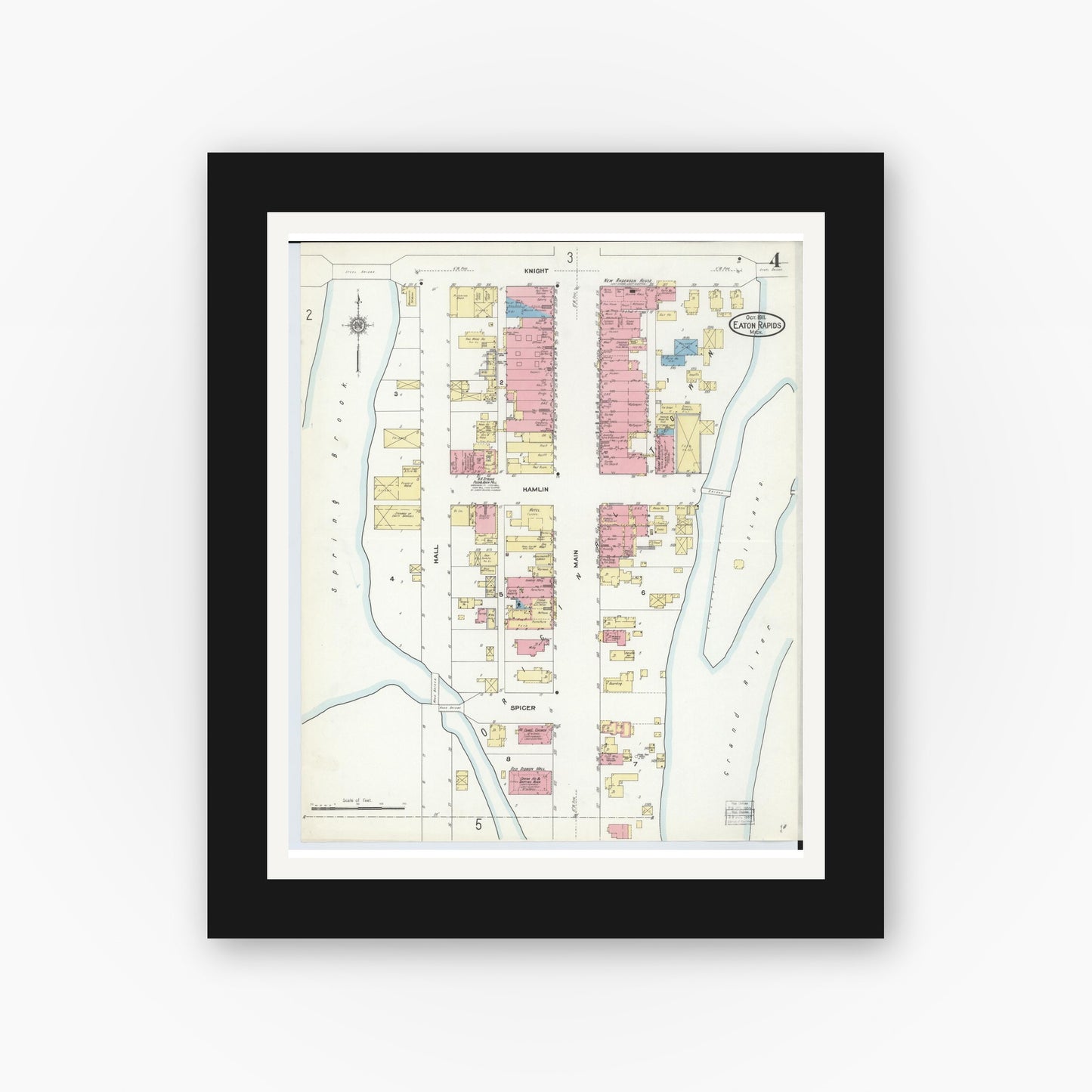 Old map wall art mockup — black gallery frame with white mat — Sanborn Fire Insurance Map from Eaton Rapids, Eaton County, Michigan (1911), Sheet #0004