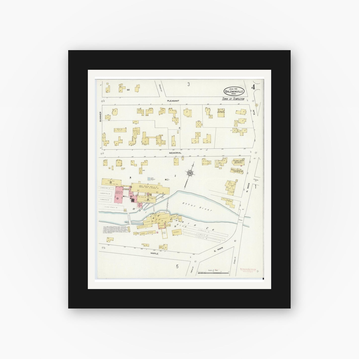 Old map wall art mockup — black gallery frame with white mat — Sanborn Fire Insurance Map from Baldwinville, Worcester County, Massachusetts (1912), Sheet #0004