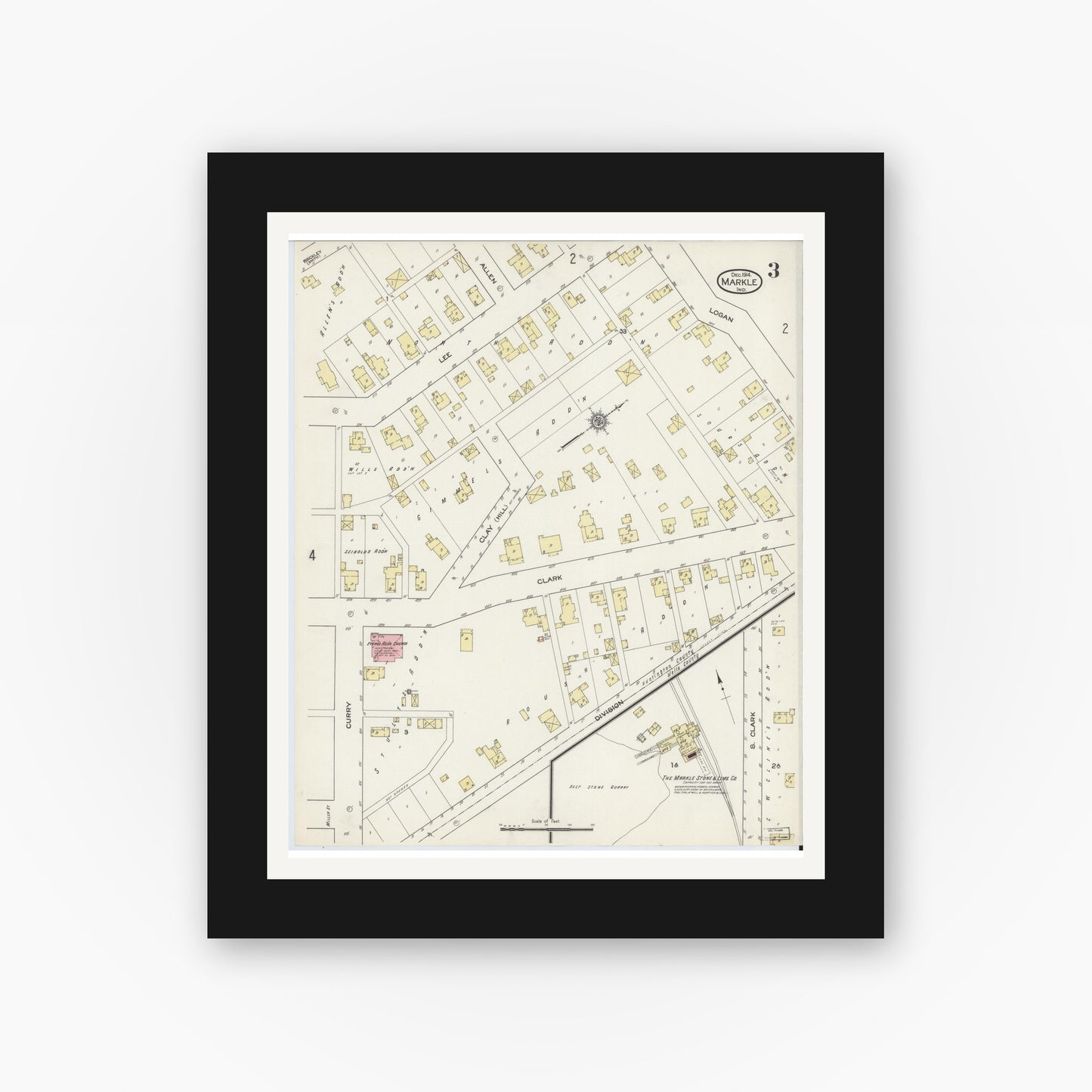Old map wall art mockup — black gallery frame with white mat — Sanborn Fire Insurance Map from Markle, Huntington County, Indiana (1914), Sheet #0003