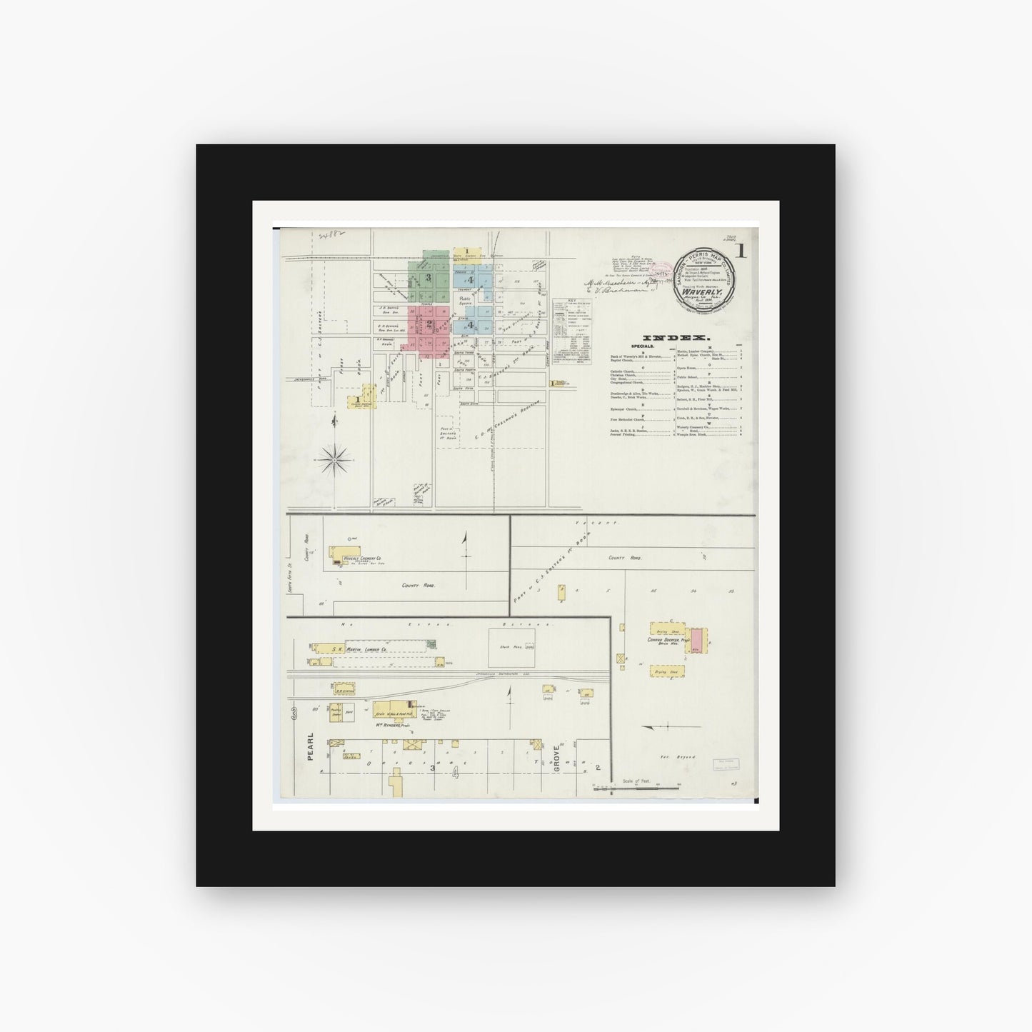 Old map wall art mockup — black gallery frame with white mat — Sanborn Fire Insurance Map from Waverly, Morgan County, Illinois (1894) - Complete Map Set