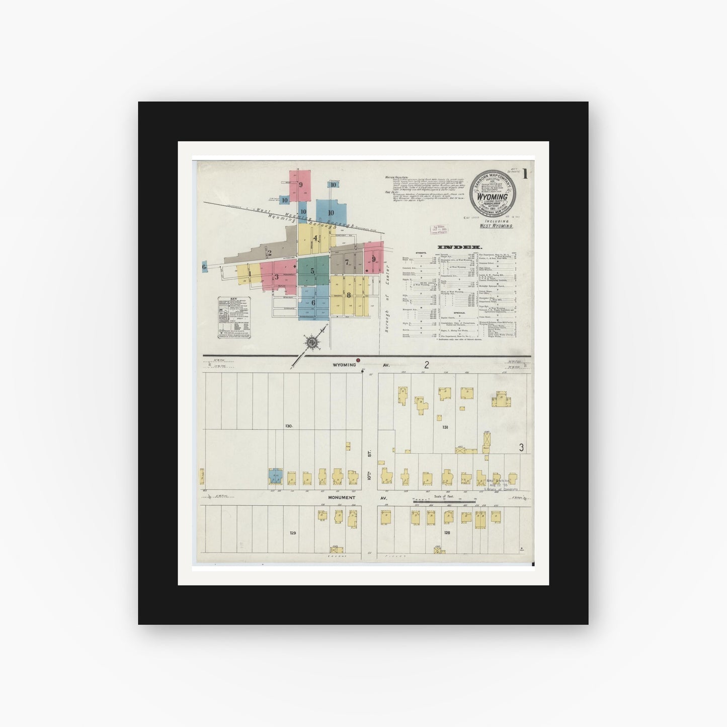 Old map wall art mockup — black gallery frame with white mat — Sanborn Fire Insurance Map from Wyoming, Luzerne County, Pennsylvania (1911) - Complete Map Set