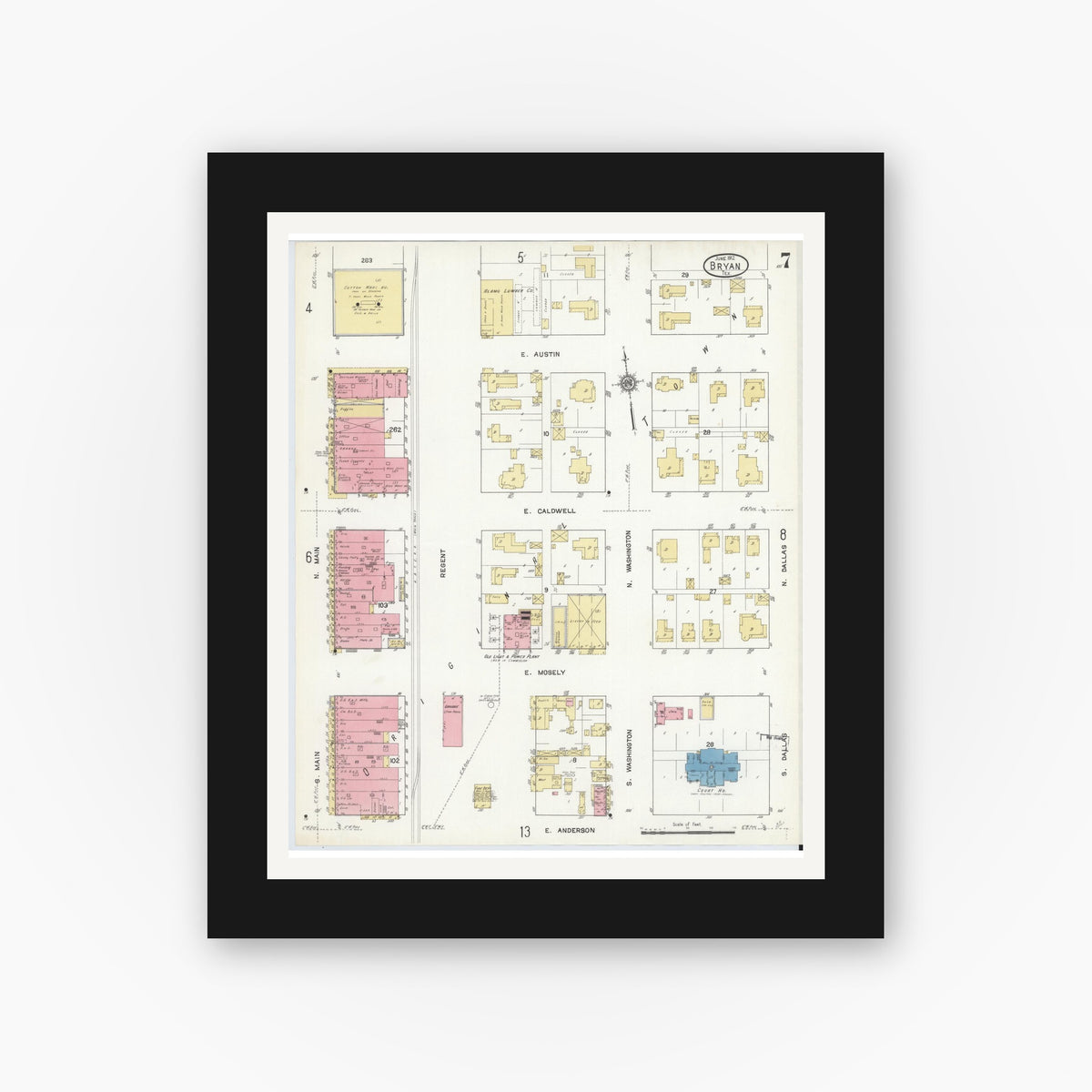 Old map wall art mockup — black gallery frame with white mat — Sanborn Fire Insurance Map from Bryan, Brazos County, Texas (1912), Sheet #0007