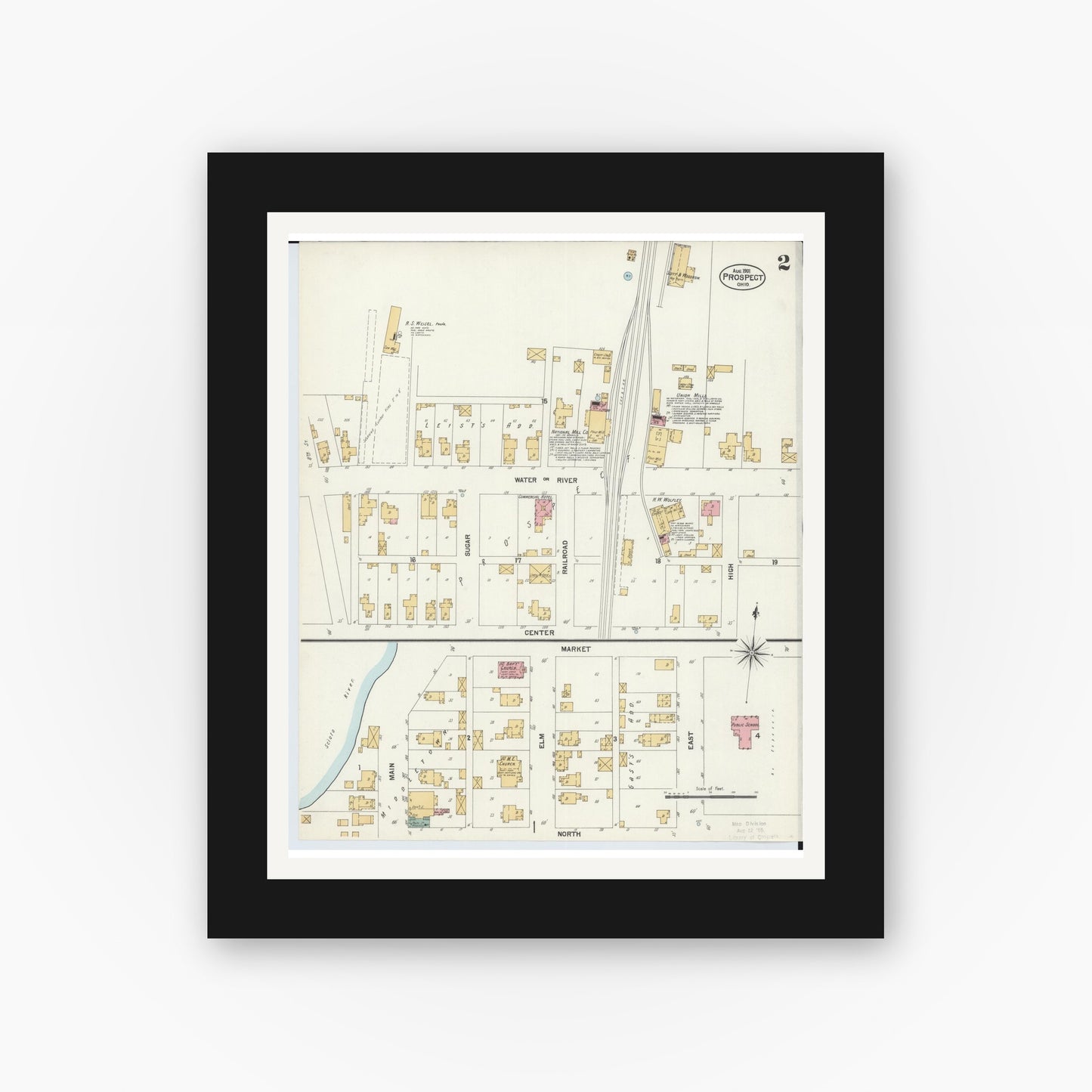 Old map wall art mockup — black gallery frame with white mat — Sanborn Fire Insurance Map from Prospect, Marion County, Ohio (1901), Sheet #0002
