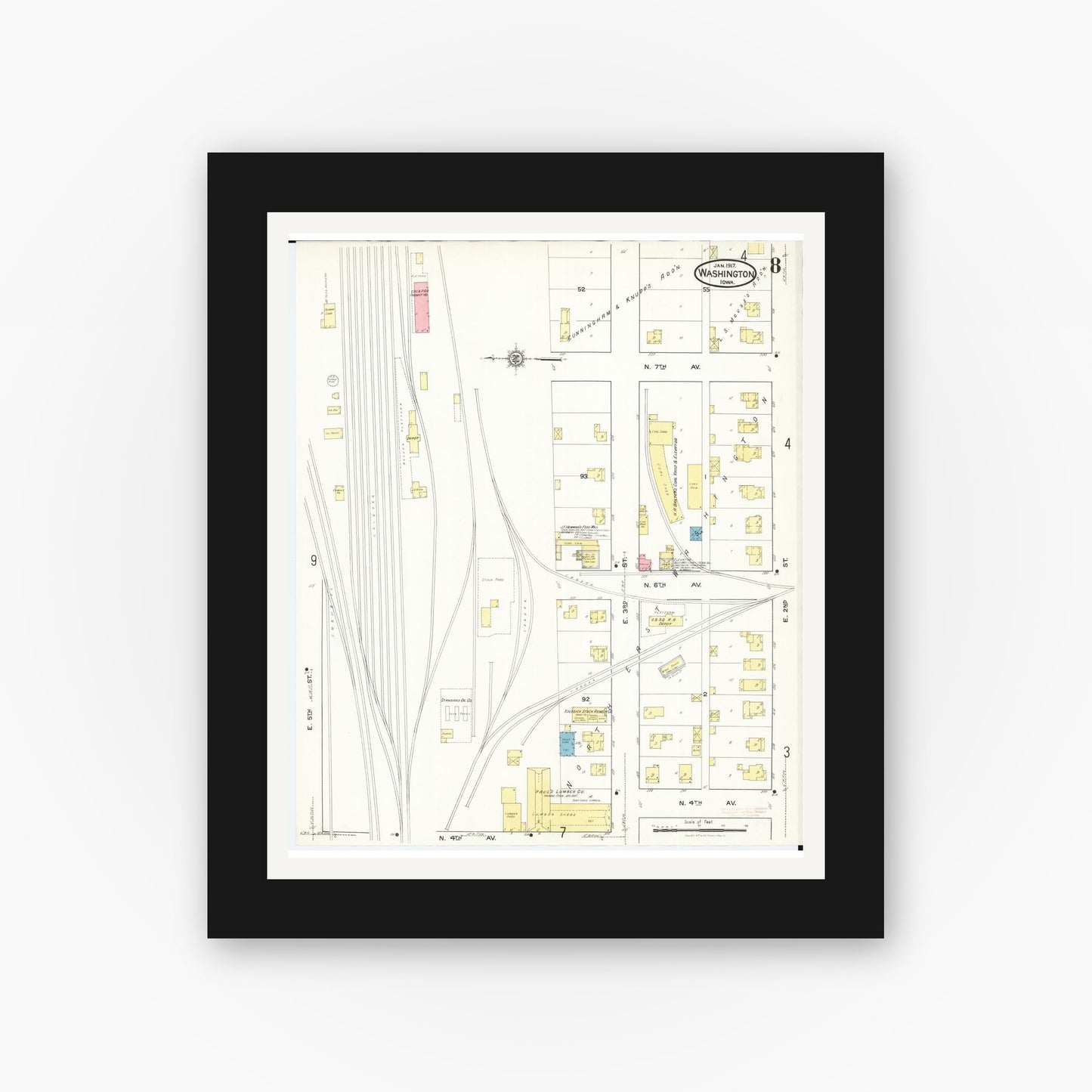 Old map wall art mockup — black gallery frame with white mat — Sanborn Fire Insurance Map from Washington, Washington County, Iowa (1917), Sheet #0008