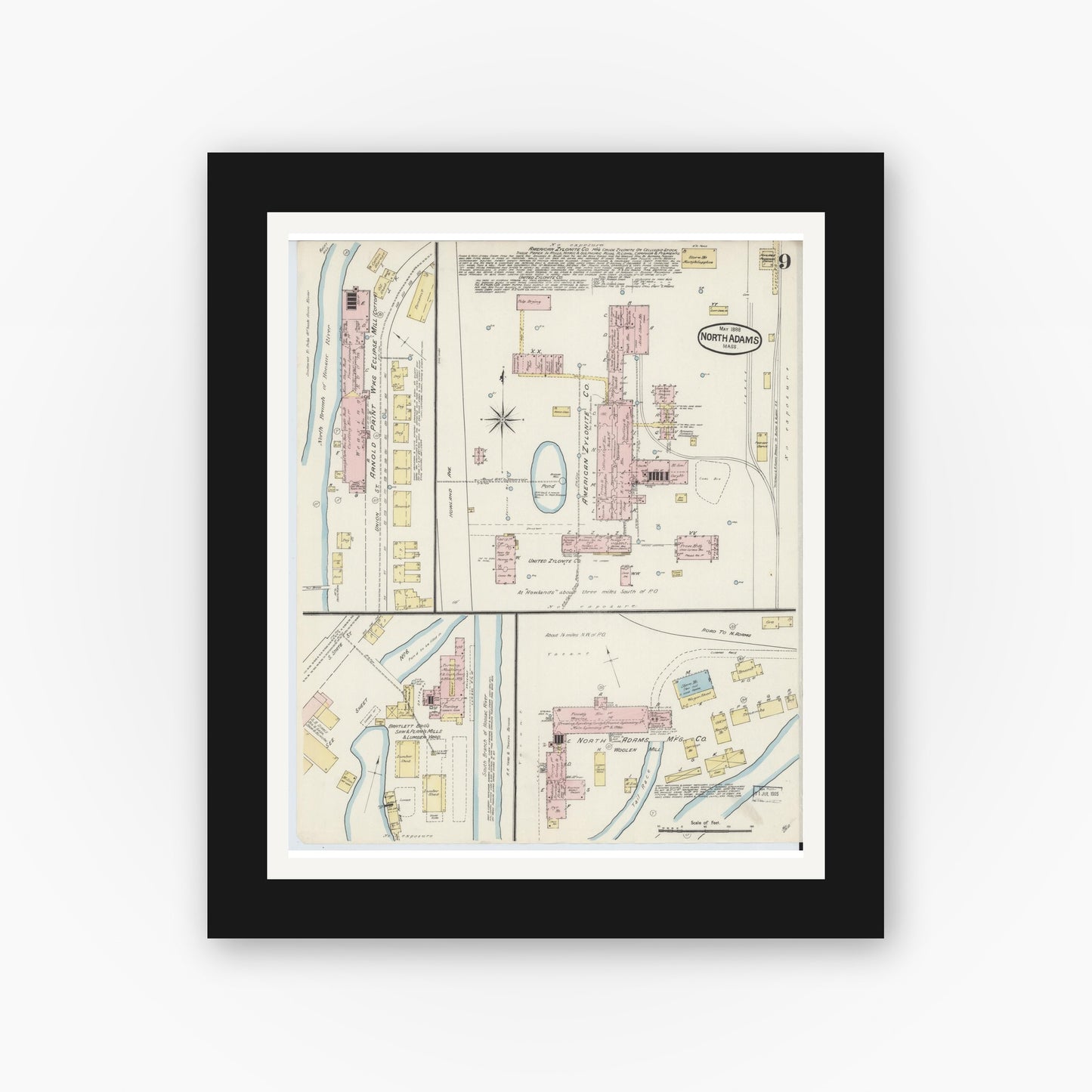 Old map wall art mockup — black gallery frame with white mat — Sanborn Fire Insurance Map from North Adams, Berkshire County, Massachusetts (1888), Sheet #0009