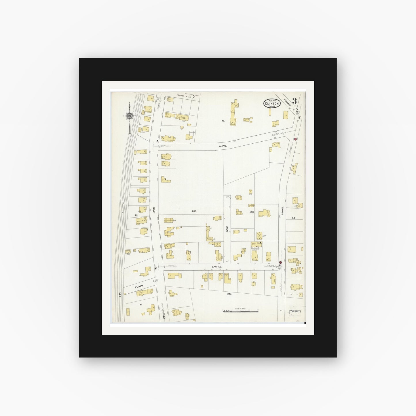 Old map wall art mockup — black gallery frame with white mat — Sanborn Fire Insurance Map from Clinton, Worcester County, Massachusetts (1911), Sheet #0003