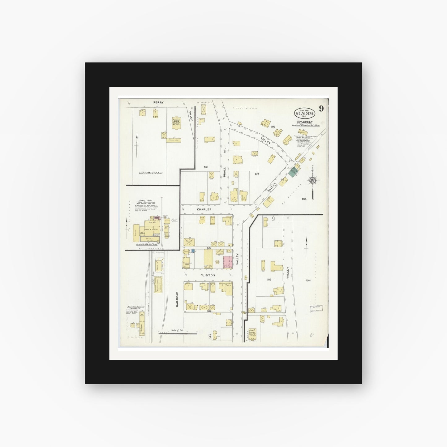 Old map wall art mockup — black gallery frame with white mat — Sanborn Fire Insurance Map from Belvidere, Warren County, New Jersey (1909), Sheet #0009