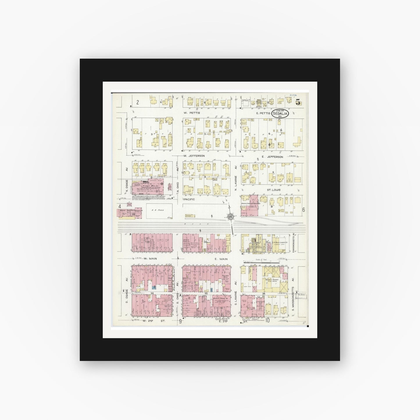 Old map wall art mockup — black gallery frame with white mat — Sanborn Fire Insurance Map from Sedalia, Pettis County, Missouri (1914), Sheet #0005