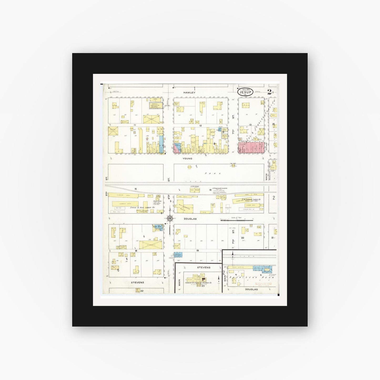 Old map wall art mockup — black gallery frame with white mat — Sanborn Fire Insurance Map from Jesup, Buchanan County, Iowa (1915), Sheet #0002