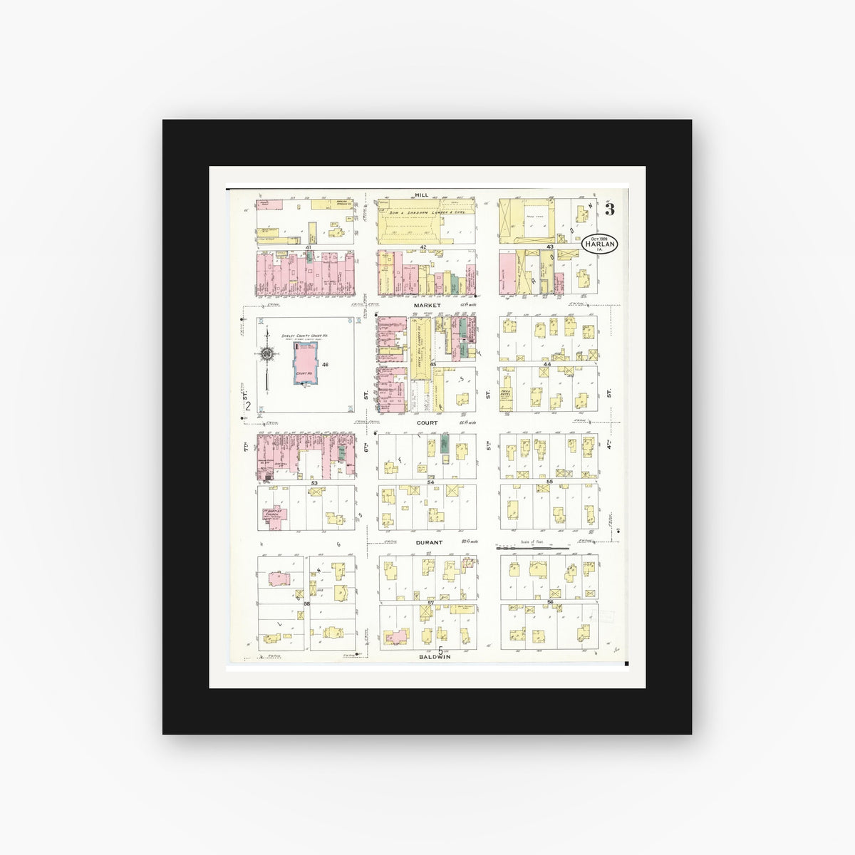 Old map wall art mockup — black gallery frame with white mat — Sanborn Fire Insurance Map from Harlan, Shelby County, Iowa (1909), Sheet #0003